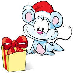 Mouse with Gift and Santa hat