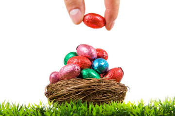 Colorful Easter eggs in nest on fresh grass, isolated on white