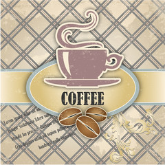 Retro background with a cup of coffee and grains