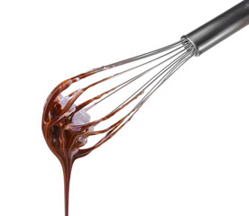 Metal whisk for whipping eggs with chocolate cream isolated