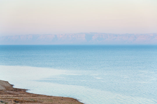 Early Pink Sunrise On Dead Sea Coast