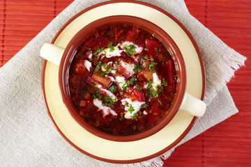 Russian cuisine. Borscht closeup