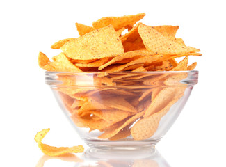 tasty potato chips in transparent bowl isolated on white