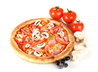 Aromatic pizza with vegetables and mushrooms isolated on white