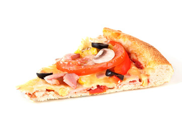 Slice of pizza close-up isolated on white