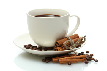 cup of coffee, beans and cinnamon sticks isolated on white