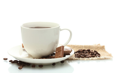 cup of coffee, beans and chocolate isolated on white