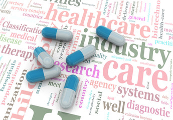 3d pills on wordcloud of healthcare