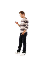 A man with a mobile phone isolated on white background