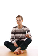 Fototapeta premium man on a white background holding light bulb