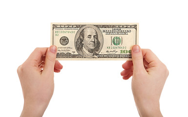 human hands  holding money dollars, 100 US dollar banknote isola