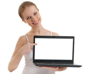 young  woman showing  laptop with empty space on the screen  iso