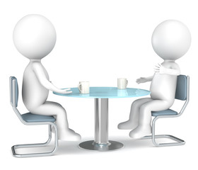 3D little human characters X2 discussing over a cup of coffee.