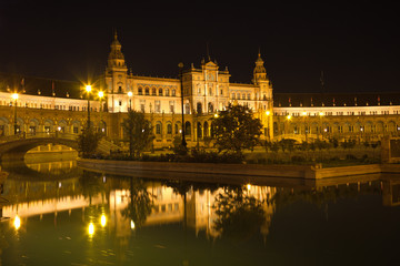 Plaza de España in Sevilla at night, Spain. Panoramic