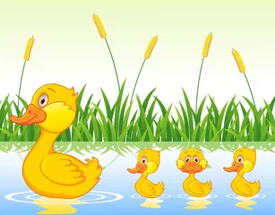 Abwaschbare Fototapete Fluss, See Entenfamilie Cartoon