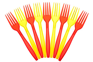 Disposable tableware. Set of colored plastic forks