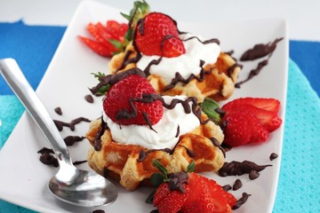 Strawberry waffles with cream