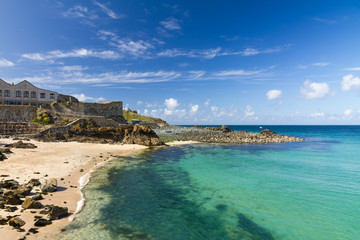 Beach in St. Ives with blue sky, Cornwall, England