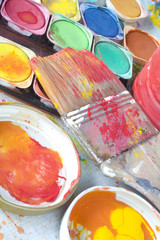 color paint and painting, still life, bruhes and paint splatters