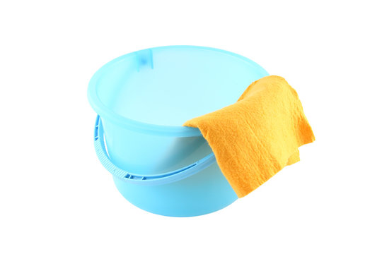 Blue plastic bucket and right yellow cloth clean