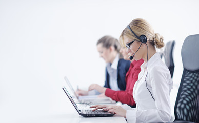 business woman group with headphones