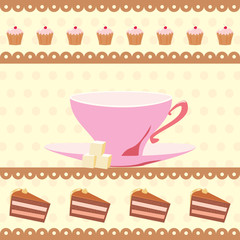 background with a cup of tea and cakes