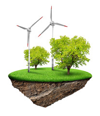 Little island with wind turbines and trees