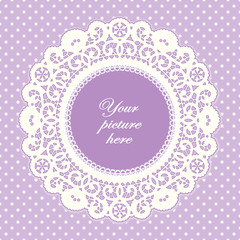 Vintage Lace Doily Frame, Pastel Lavender Polka Dot Background