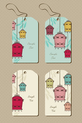 vintage set of tags with birdcages