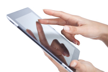hands holding and point on modern electronic digital frame with