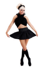 Happy young pretty female in black skirt