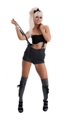 Happy young sexy female in shorts and braces