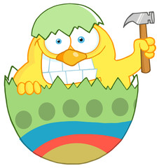Chick With A Big Toothy Grin, Peeking Out Of An Egg With Hammer