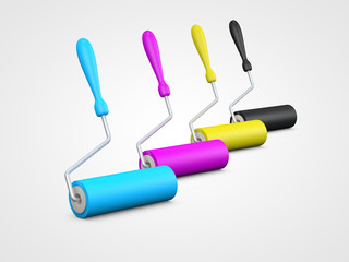 CMYK paint rollers 3d render