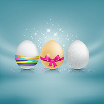 Set of easter eggs. with colorful ribbon blue fabric background