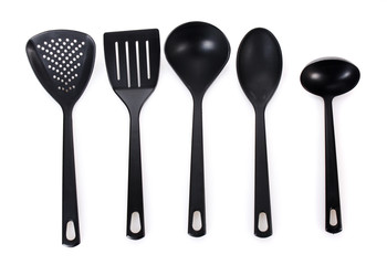 black kitchen utensils isolated on white