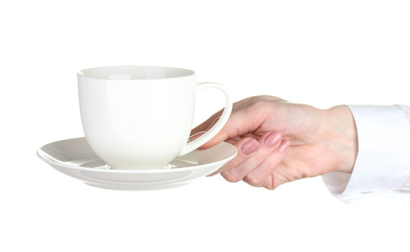 Woman hand with cup of coffee isolated on white