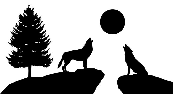 Silhouette Heulende W&ouml;lfe Landschaft Tiere Wald