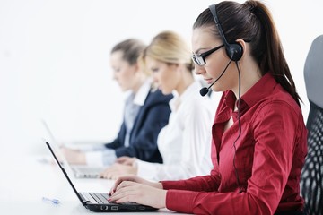 business woman group with headphones