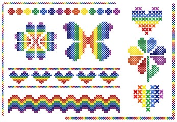 Vector rainbow cross stitch elements pattern set