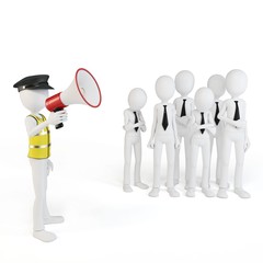 3d man with megaphone speaking to the crowd