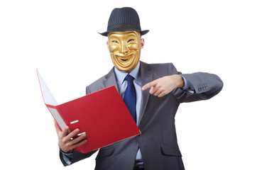 Espionage concept with masked man on white