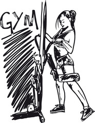 Fototapeta na wymiar Sketch of a woman working out at the gym with dumbbell weights.