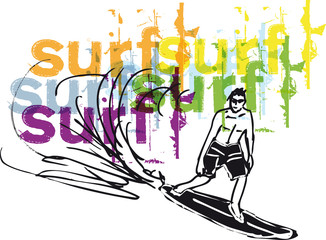 Sketch of man with surfboard. Vector illustration