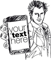 Sketch of Handsome guy showing his Modern Smartphone. - 39893196