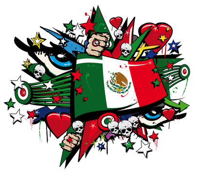 Graffiti bandera pop arte Mexico ilustración día de Muertos