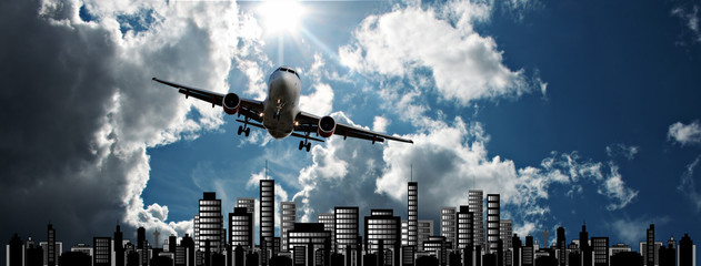 Passenger jet set against cityscape illustration