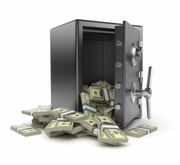 Steel safe box and money 3D. Protection of finance concept. Isol - obrazy, fototapety, plakaty
