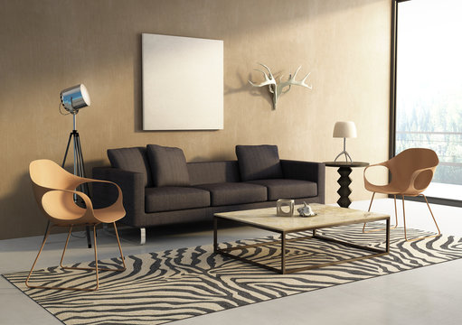 Safari theme interior living room, animal print perspective