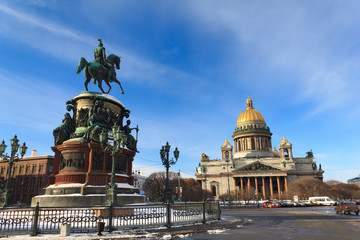 Nicholas I monument and St. Isaac's Cathedral in St Petersburg